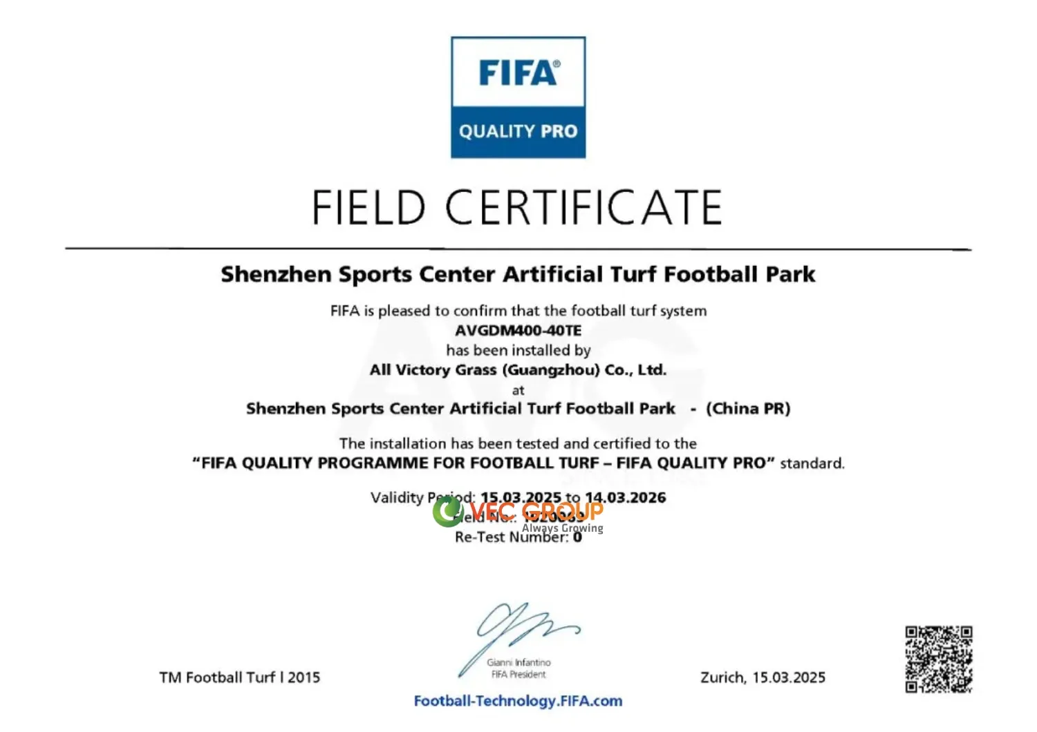 Chứng chỉ FIFA cho sản phẩm SFA-581680D2